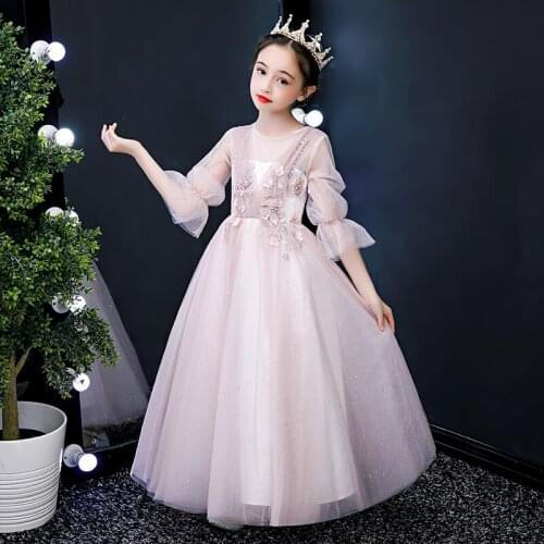 Flower Girl Dress Pearls O-Neck Three Quarter Princess Beading Floor-Length Tulle Lace Embroidery Sequined Kids Party Gown H268