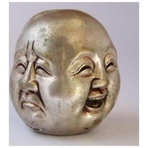 Crafts Arts 2pcs Fine Decorated Handwork CHINESE OLD WHITE COPPER CARVED BUDDHA HEAD Garden 100% Tibetan silver Bronze