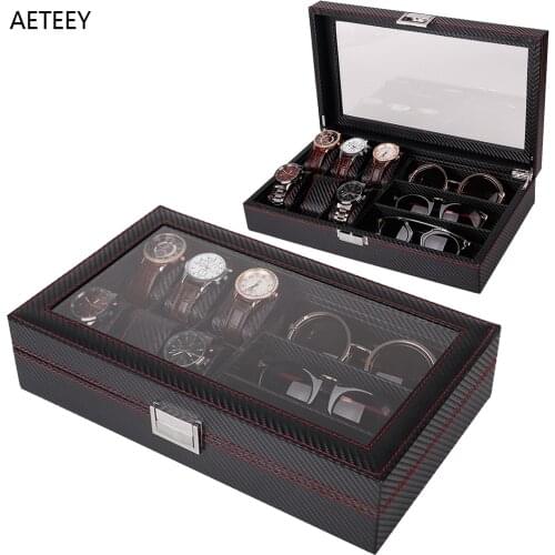 Carbon Fiber Outer Skin 6-grid Watch 3-grid Glasses Combination Storage Box Wooden Jewelry Watch Boxes Storage Organizer Box