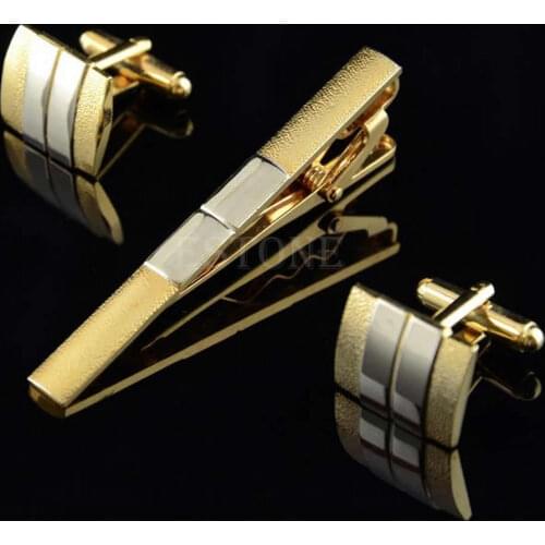 Fashion Men Necktie Tie Bar Clasp Clip Cufflinks Sets Gold Simple Party Gift New