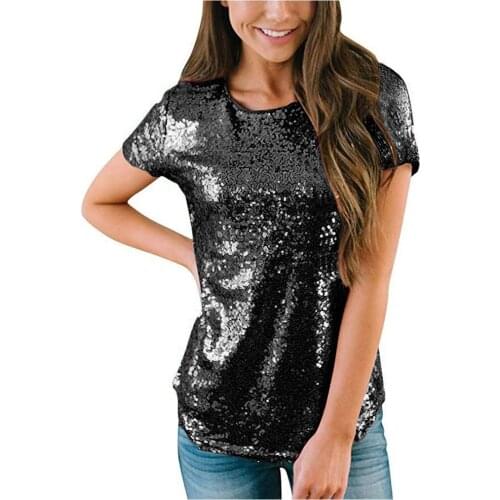 #Z25 Womens Casual T Shirts Glitter Sequin Tunic Elegant Tops Women O Neck Short Sleeve Tshirts Girls Clubwear T-shirts