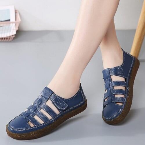 Casual women flats 2021 large size hollow velcro sneakers women sandals leather mesh breathable solid color women shoes summer
