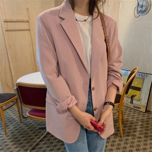 Female Blazer Jacket Korean Fashion New Loose Pink Single Breasted Pocket Street Office Korea Casual Elegant Women Outerwear