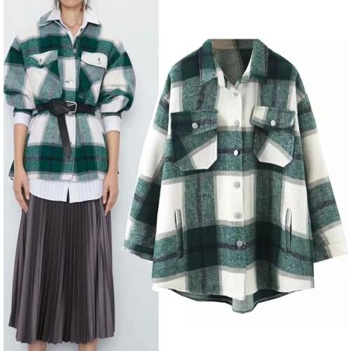 YVYVLOLO ZA Autumn Winter Women Blue Plaid Long Coat Jacket Pocket Casual Warm Overcoat Fashion Outwear Tops