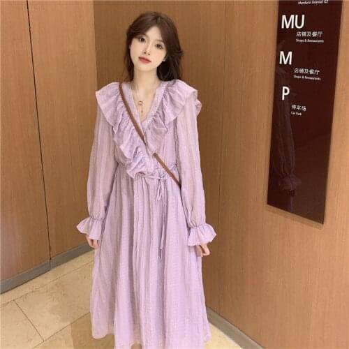 Elegant Print Long Sleeve Spring Casual Round Neck Chiffon Dress Women Summer Retro Party Dress Women