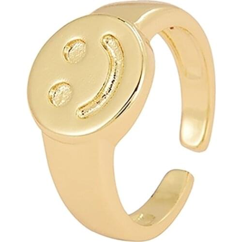 ZHINI Boho Gold Brass Chunky Twisted Chain Geometric Adjustable Opening Rings for Women Simple Smiley Face Wide Ring Jewelry