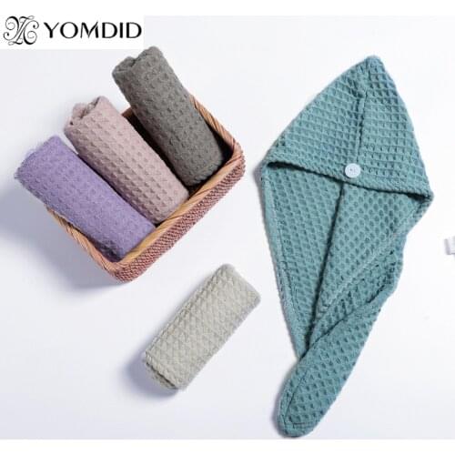 1PC Soft Towels Bathroom Microfiber Print Plaid Super Absorbent Hair Hat Home Textile Towel Solid Color Turban Buckle Hair Towel