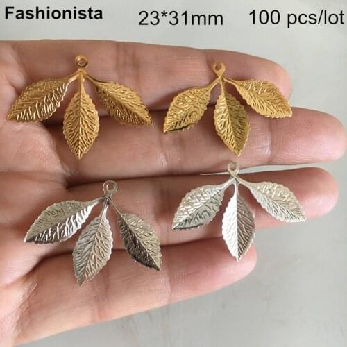 100 pcs -23*31mm Metal Stamping Leaf Charms For Jewelry Project,Three Leaves Pendant Filigree Metal Supplies,Gold Silver-color