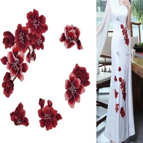 5Pcs/Set 3D Flowers Lace Trims Rhinestone Mesh Sew On Patches Embroidery For Wedding Appliques Decoration DIY P038