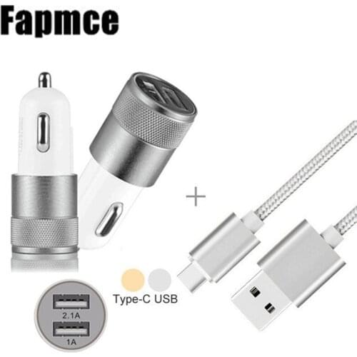 Aluminum Metal 2-Port USB Car Charger + USB Type-C Cable for ZTE Axon 7 7s Nubia Z11 MiniS Max Z17 miniS Nokia 7 8 Lumia 950 XL