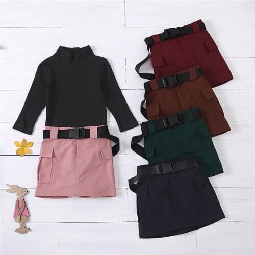 Blotona Fashionable Kids Skirt Suit, Long Sleeve High Collar Knitted Sweater Tops Solid Color Short Skirt with Pockets Belt 1-6Y