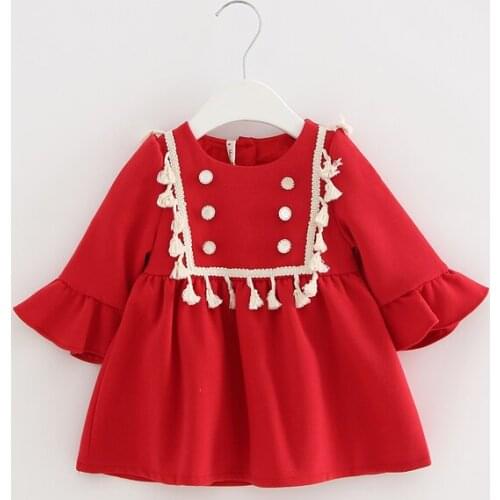 Girls Dresses Flare Sleeve Tassel Princess Party Dresses for Children Kids Party Clothing with Buttons 4 Color 0-2Y