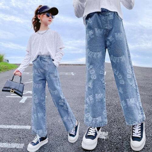 Jeans for Girl 2021 New Autumn Fashion Wide Leg Pants High Waist Elastic Children Loose Casual Denim Straight Pants 5-14Year Old