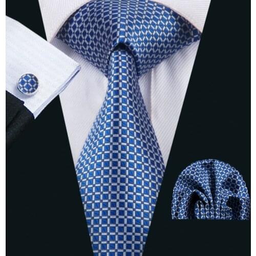 FA-1518 New Arrive Fashion Ties For Men Blue Plaids Jacquard Woven Necktie Hanky Cufflinks For Wedding Party Freeshipping