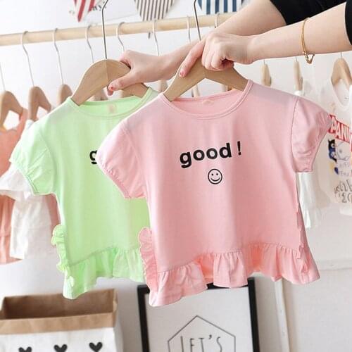 Girls T-shirt Summer Children Clothes Short Sleeves Cartoon Smiling Face Letter Printing Leisure Lively Baby Kids Cotton Tops