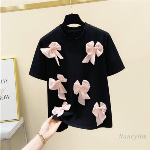Bow Stitching Loose Short Sleeve T Shirt Womens 2021 Summer Clothing New All-Matching Black Shirts Girls Students Tees