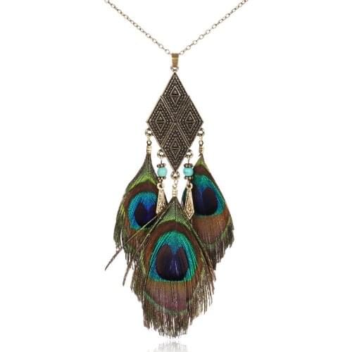 HC Fashion Peacock Feather Bohemian Necklace Fashion Statement Pendant Necklace Women Ethnic Jewelry Vintage Choker Necklace F