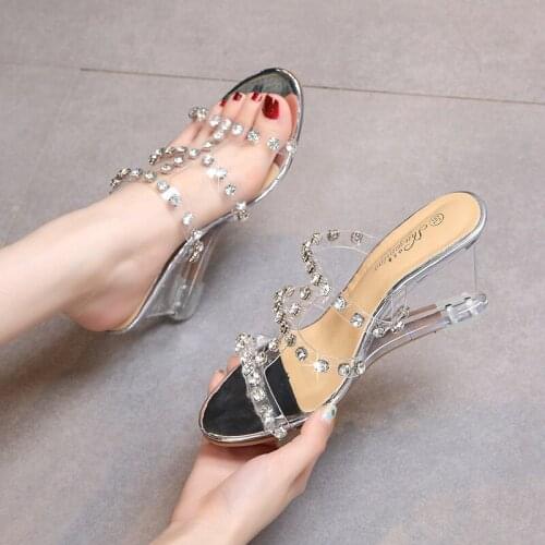Wedge Heel Shoes Womens Summer Korean Version of Wild Summer Womens Shoes Rhinestone Buckle Simple Slippers Transparent LFD