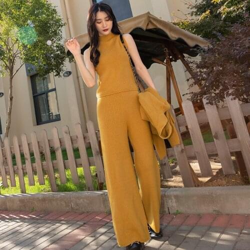 Womens Sexy Warm Knitted Sweater 3 Piece Outfit Coat Jacket Outwear and Sleeveless Crop Top Long Pants Set