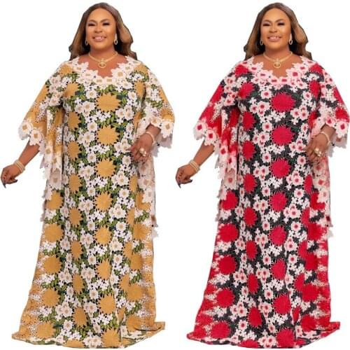 Lace Robe Ladies African Dresses For Women 2021 Dashiki Embroidery Dubai Abaya Turkey Islamic Muslim Fashion Long Maxi Dress