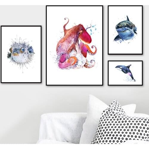 Cartoon Whale Shark Jellyfish Octopus Dolphin Fish Nordic Poster and Print Mural Canvas Painting Mural Baby Children Room Decor