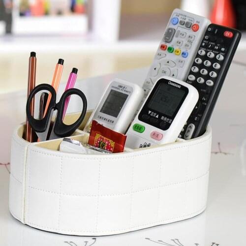 Desktop Faux Leather Organiser Wooden Stationery Remotes Storage Box Pencil Pen Holder Cell Phone Case Accessories Tray-White