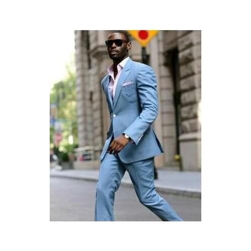 2019 Latest Light Blue Linen Men Suit Slim 2Piece Tuxedo Groom Suits Custom Prom Blazer Terno Masculino(Jacket+Pant+Tie)