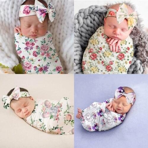 Newborn Baby Receiving Blanket Headband Set Infant Floral Printing Swaddle Wrap