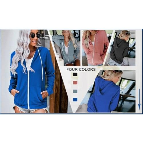 Fall Solid Color Zipper Sweatshirt Casual Pocket Coat Fashion Drawstring Hoodie Outerwear Long Sleeve Hooded Jacket For Women