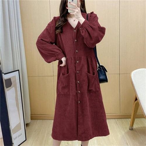 Plus Size Womens Corduroy Dress Spring 2021 Loose Korean V-Neck Casual Female Shirt Mid-Length Dress Vintage Autumn Clothes y12