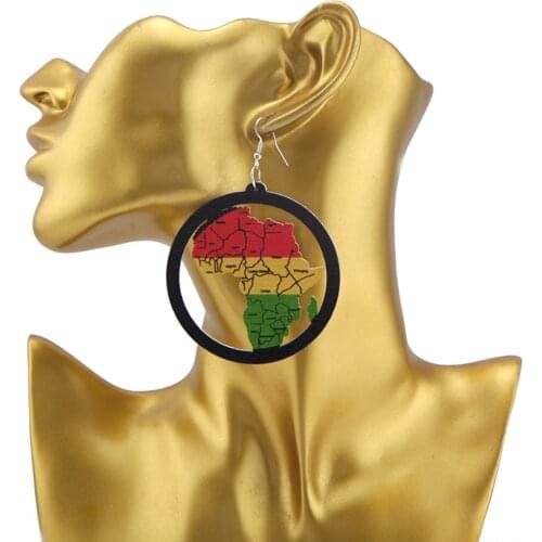 SANSHOOR Painted African Colors Map Wood Drop Earrings Afrocentric Ethnic Boho Jewelry 6cm Large Diameter For Women Gifts 1Pair