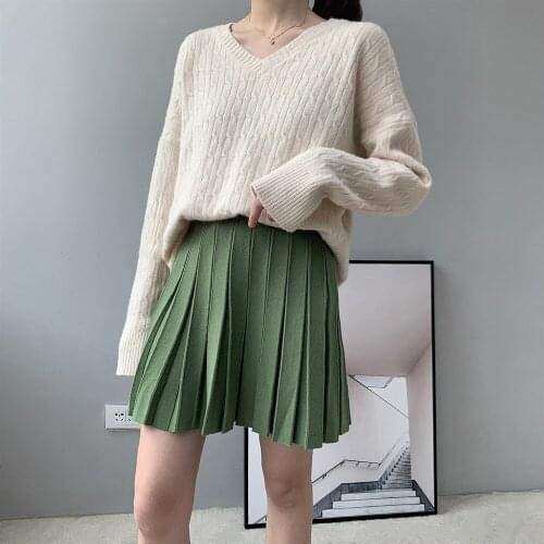 Sherhure 2020 High Waist Knitting A-Line Pleated Stretch Vintage Women Winter Mini Skirt Faldas Jupe Femme Saia
