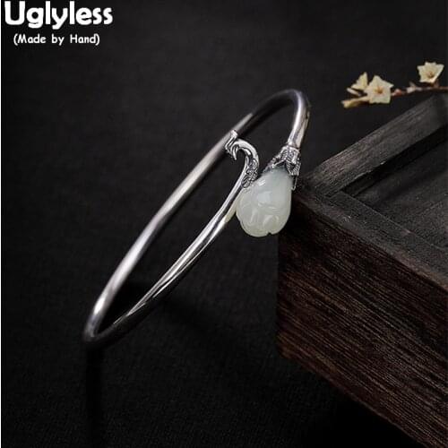 Uglyless 100% Real Natural Jade Magnolia Bangles for Women Ethnic Peacock Open Bangle 925 Sterling Silver Bracelets Fine Jewelry
