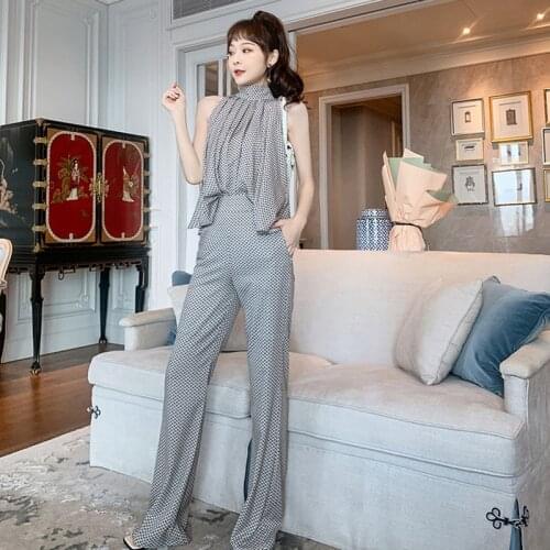Fashion Korean Women Elegant Vintage Print Sexy Stand Neck Strapless Loose Top Shirt Blouse High Waist Flare Pants 2 Pieces Set