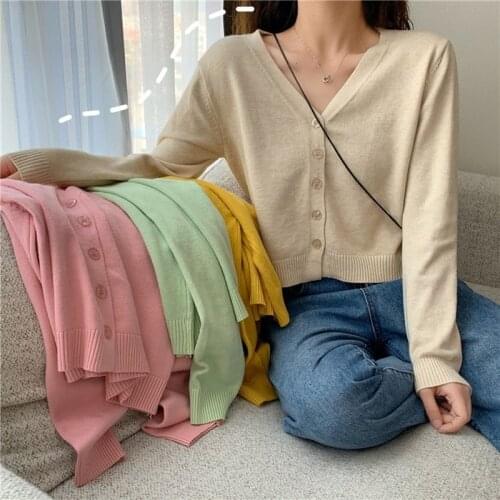 Autumn and Winter Fashion Sweater Women Knitwear Female Korean Solid Color Coat Short Cardigan V-neck Long Sleeve Sweater 16610