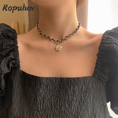 ROPUHOV 2021 New Korean Trendy French Retro Diamond Inlaid Flower Leather Necklace Neck Chain Trendy Clavicle Chain Necklace