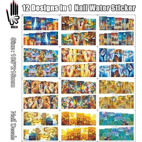 12 Sheets/Lot Nail YB997-1008 Blue Oil Painting Girl Nail Art Water Sticker Decal For Nail Tattoo Supply(12 DESIGNS IN 1)