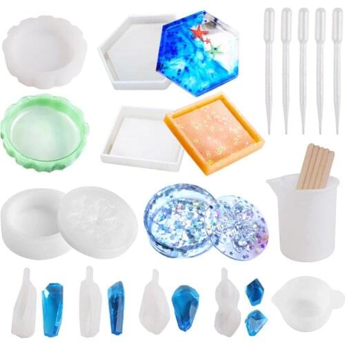 20Pcs/Set Silicone Coaster Molds, Epoxy Casting Molds Hexagon, Round, Crystal Stone Mold, Sakura Trinket Box Mold for Resin