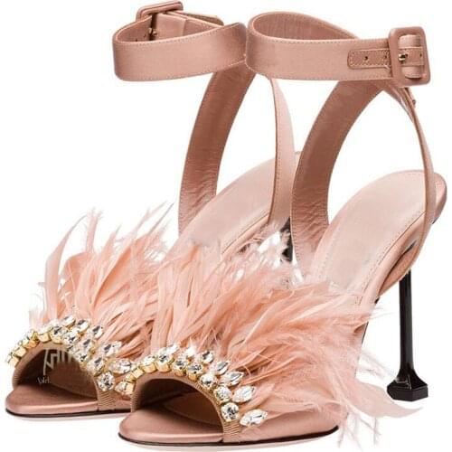 Crystal Sandals Feather Thin High Heel Ankle Buckle Pink Cut Out Open Toe Summer Ladies Shoes Silk Dress Elegant Woman Sandals