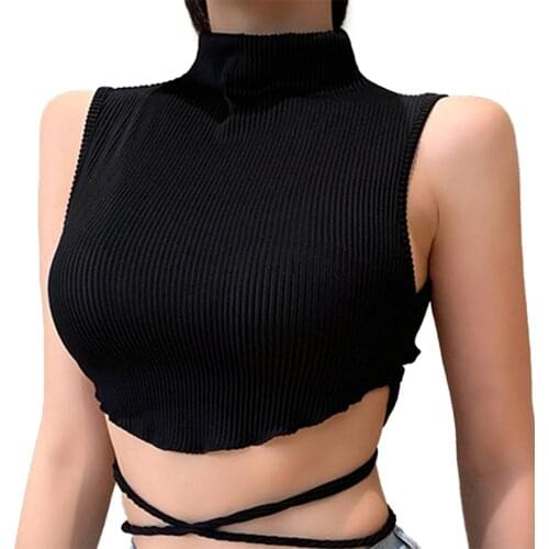 Women Slim Camisole Tee Sleeveless Back Tie up Chic Corset Turtleneck Knittng Top for Summer Party Club d88