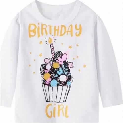 27kids Girls Spring Autumn Cotton Toddler Baby Birthday Cake Pattern Tops Long Sleeve T-Shirt Casual Clothing 2-7Years