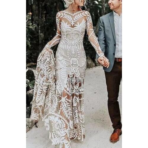 2021 New Designs Champagne Sexy Two Pieces Long Sleeve Sweep Train Open Back Lace Wedding Dress Bride Gown Vestidos De Novia