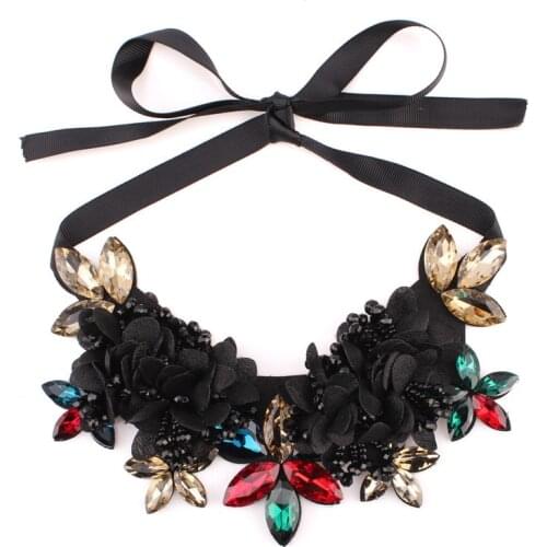 Chunky Crystal Flower Pendant Necklace for Women Florate Brand Jewelry Black Rope Chain Statement Bead Choker Necklace