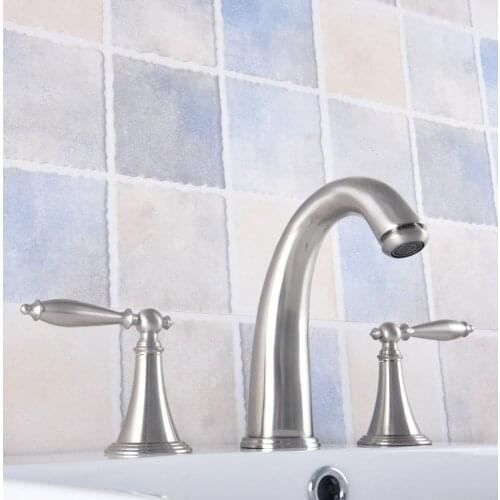 Brushed Nickel Double Handle Basin Faucet Deck Mounted Bathroom Tub Sink Mixer Taps Widespread 3 Holes Nnf683