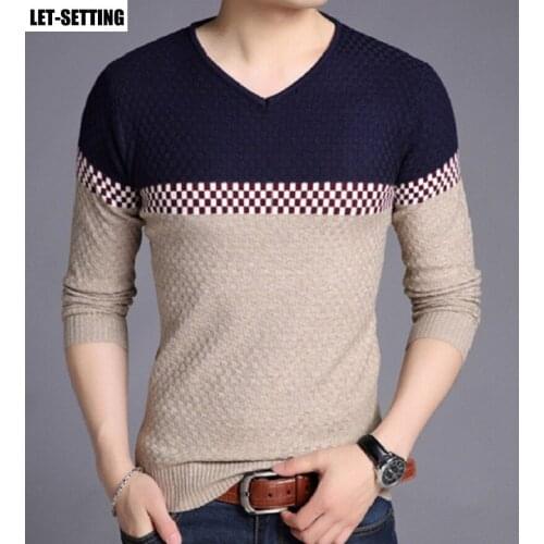 New fashion autumn winter Korean men pullover warm wool cotton sweater casual patchwork v-neck knit bottoming slim fit shirt
