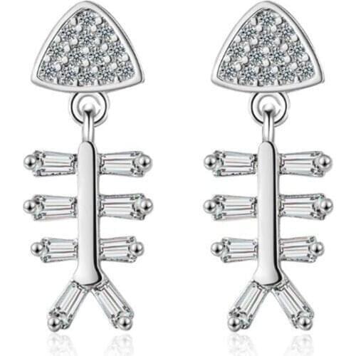 New Creative Fashion Cute Two Colors Cat Fish Bone 925 Sterling Silver Jewelry Temperament Sweet Crystal Stud Earrings SE664