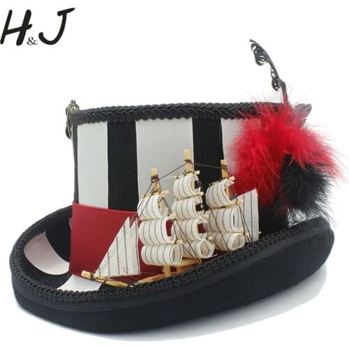 13.5cm(5.3inch) Black Womem Men Steampunk Hat DIY Top Hat With Sailboat Traditional Wool Fedoras Hat