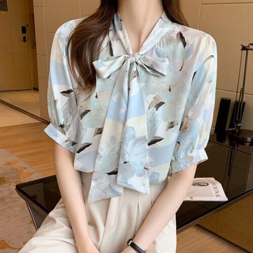 Plus Size Women Tops Print Chiffon Blouse Shirt Fashion Womens Tops and Blouses 2021 Short Sleeve Bow V-neck Women Shirts