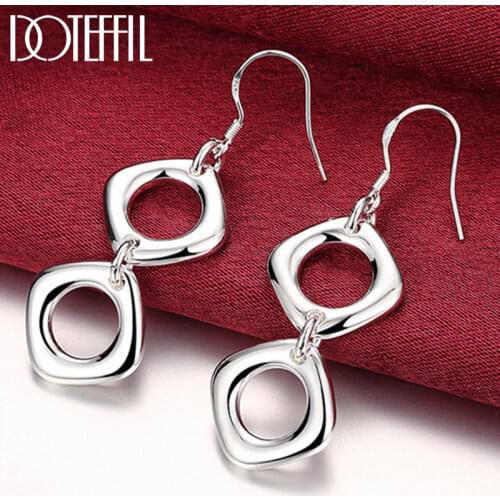 DOTEFFIL 925 Sterling Silver Square/Circle Drop Earrings For Woman Wedding Engagement Party Fashion Charm Jewelry