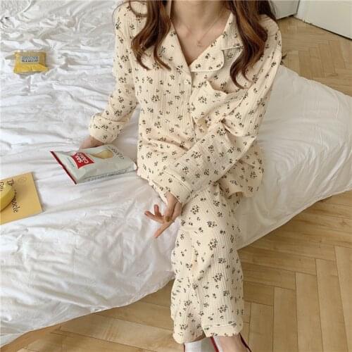 Womens Suit Crepe Cotton Yellow Floral Print Cardigan Trousers Pajamas Long Sleeve Leisure Loose Nightwear Soft Sleepwear
